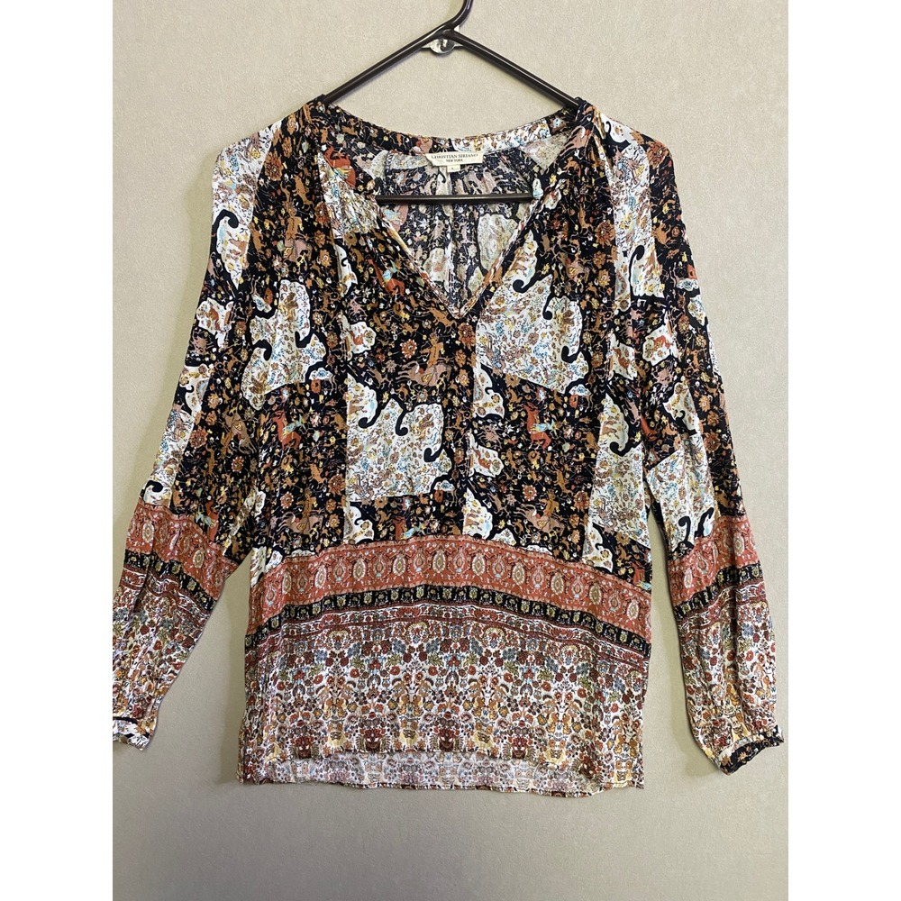 Christian Siriano New York Womens Large Boho Patchwork Floral V-Neck Blouse Top